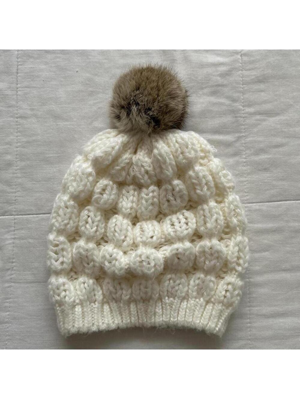 D.i.a. White chunky knit beanie with brown rabbit fur pom pom